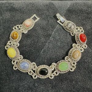 Vtg: Silver Toned Natural Gemstone Cabochon Link Bracelet